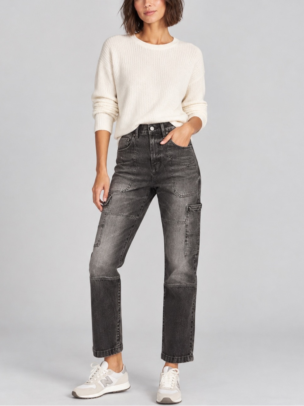 DAZE | Straight Leg Cargo Utility Jeans in Faded Black, Size 27